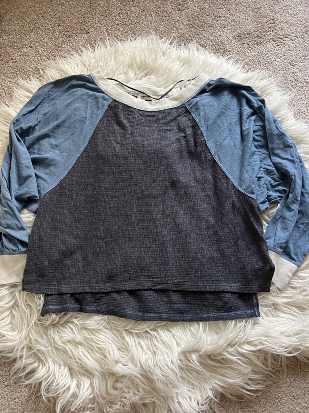 We The Free Two-Tone Raglan Long Sleeve Top in Blue and Charcoal